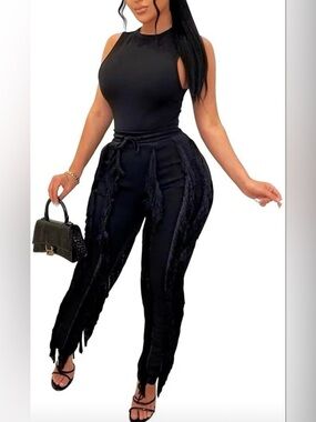 High-Waist Black Fringe Detail Pants with bodysuit